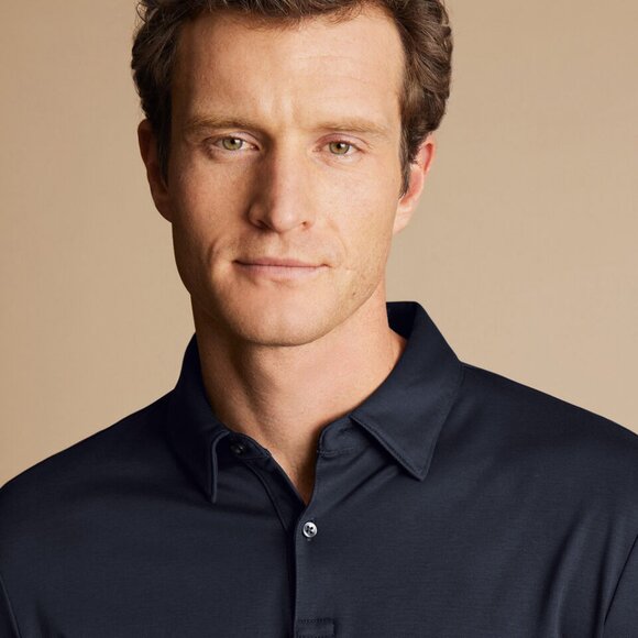 NEW Three Dots Men's Cotton Jersey Knit Long Sleeve Polo Shirt SM Navy Blue - Picture 2 of 3